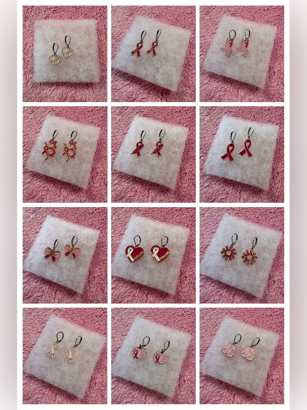 12 Breast Cancer Awareness Earring Lot Handmade Pink Ribbon Boxed Reseller Gift